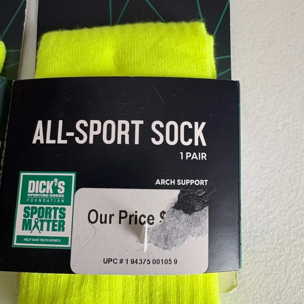 DSG All-Sport Socks Youth XS Neon Yellow Volt Arch‎ Support 2 Pairs NWT